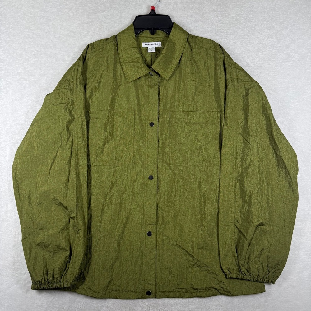 Athleta 599562 Crinkle Nylon Oversized Snap Front Shirt Jacket Olive M